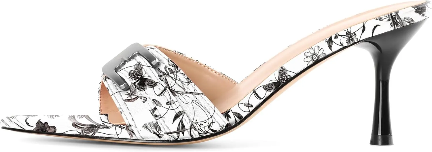 Esvowido Womens Mule Heels Pointed Open Toe Heeled Sandals 2.95 Inch Stiletto Mules with Buckle Work Party Wedding Summer Shoes
