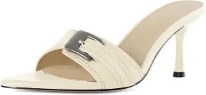 Esvowido Womens Mule Heels Pointed Open Toe Heeled Sandals 2.95 Inch Stiletto Mules with Buckle Work Party Wedding Summer Shoes