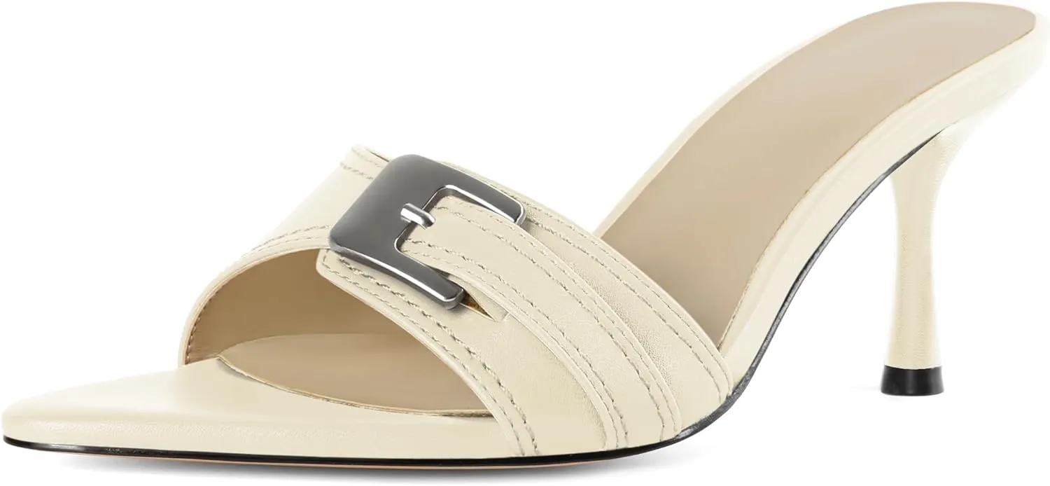 Esvowido Womens Mule Heels Pointed Open Toe Heeled Sandals 2.95 Inch Stiletto Mules with Buckle Work Party Wedding Summer Shoes
