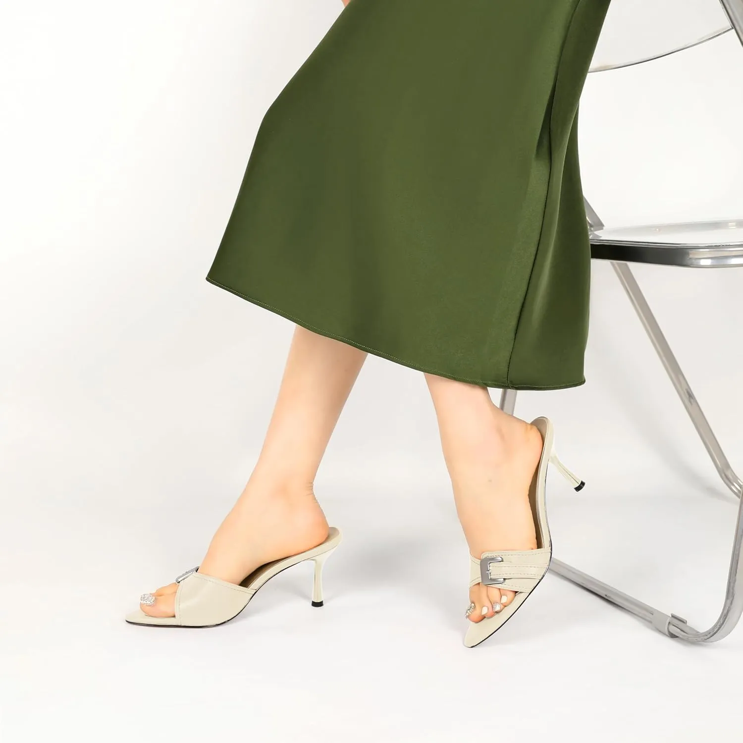 Esvowido Womens Mule Heels Pointed Open Toe Heeled Sandals 2.95 Inch Stiletto Mules with Buckle Work Party Wedding Summer Shoes