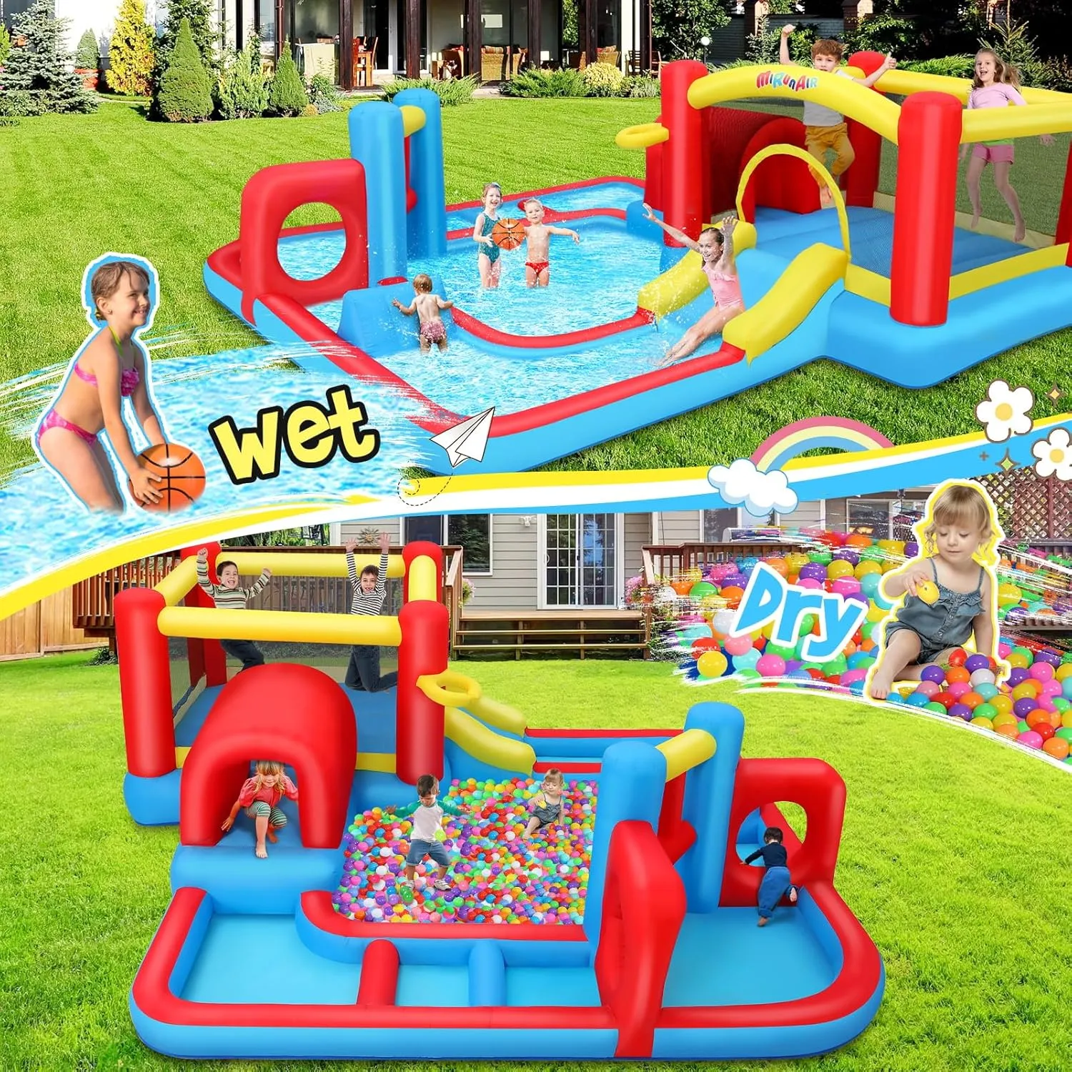 Extra Large Inflatable Obstacle Bounce House Water Park - 9-in-1 Kids Backyard Play Center with Splash Slide, Basketball Hoop, Ball Pit (172"x172"x63")| Heavy-Duty Blower, Bag (14.3 FT)