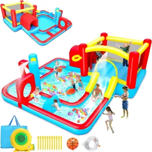 Extra Large Inflatable Obstacle Bounce House Water Park - 9-in-1 Kids Backyard Play Center with Splash Slide, Basketball Hoop, Ball Pit (172"x172"x63")| Heavy-Duty Blower, Bag (14.3 FT)