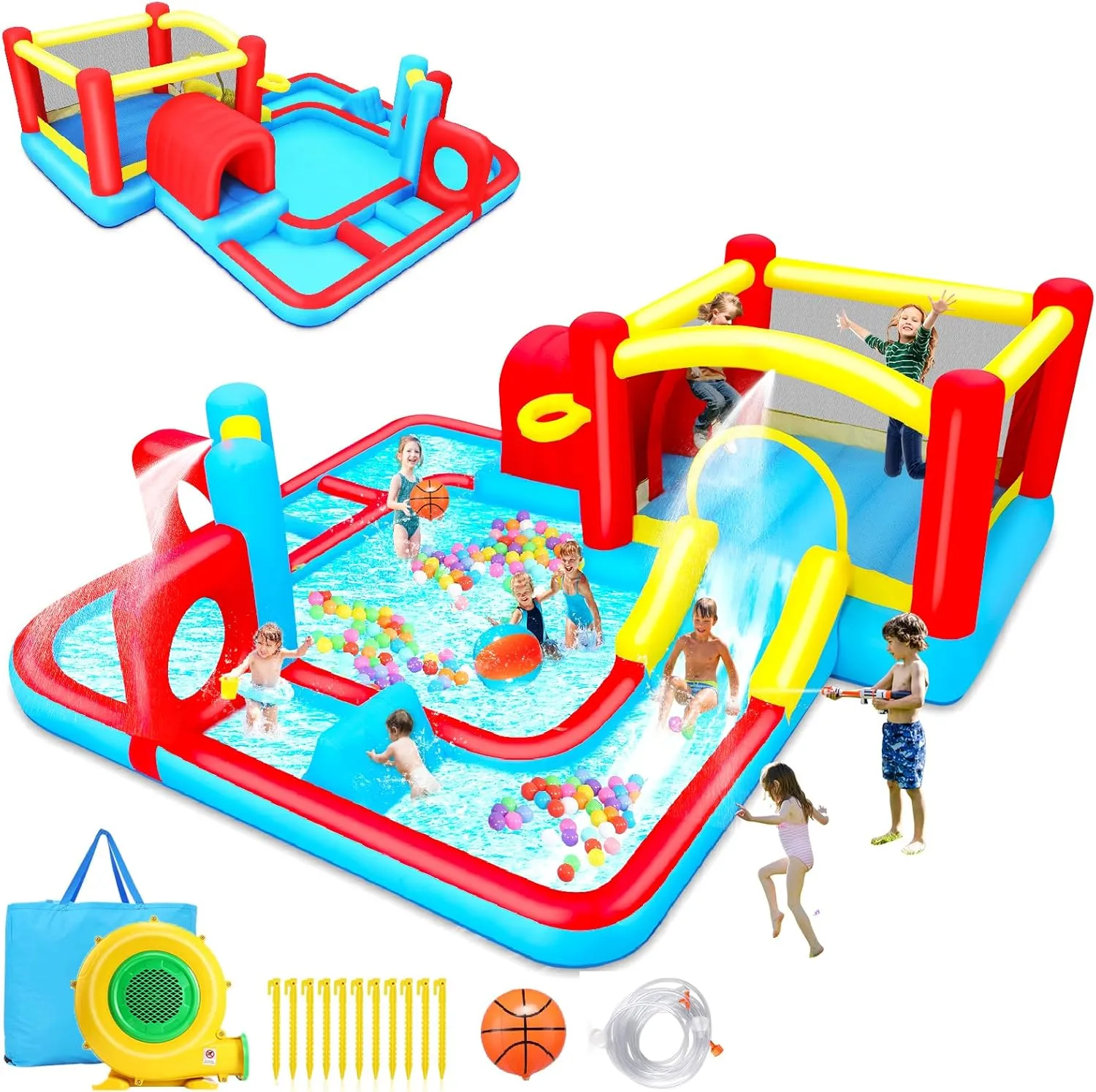 Extra Large Inflatable Obstacle Bounce House Water Park - 9-in-1 Kids Backyard Play Center with Splash Slide, Basketball Hoop, Ball Pit (172"x172"x63")| Heavy-Duty Blower, Bag (14.3 FT)
