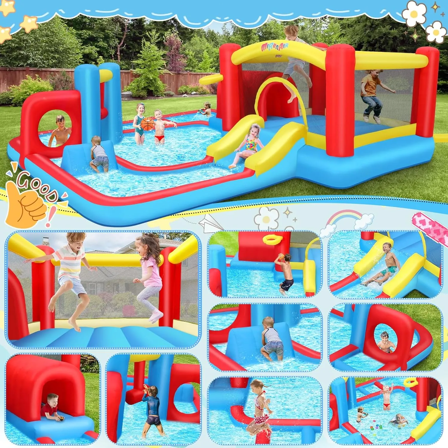 Extra Large Inflatable Obstacle Bounce House Water Park - 9-in-1 Kids Backyard Play Center with Splash Slide, Basketball Hoop, Ball Pit (172"x172"x63")| Heavy-Duty Blower, Bag (14.3 FT)
