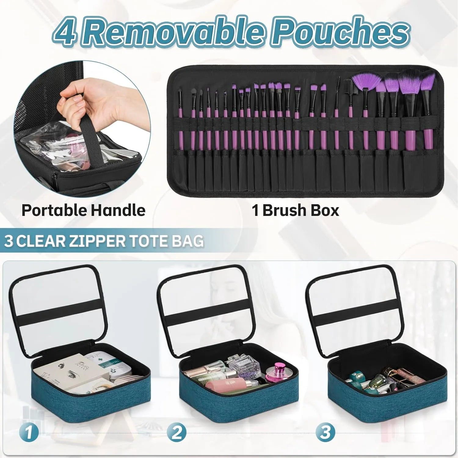 Extra Large Makeup Case with 4 Removable Pouches, Professional Make up Train Case,Travel Cosmetic Bag for Hairstylists Nail Tech Makeup Artist with Shoulder Strap and Handle (Blue)