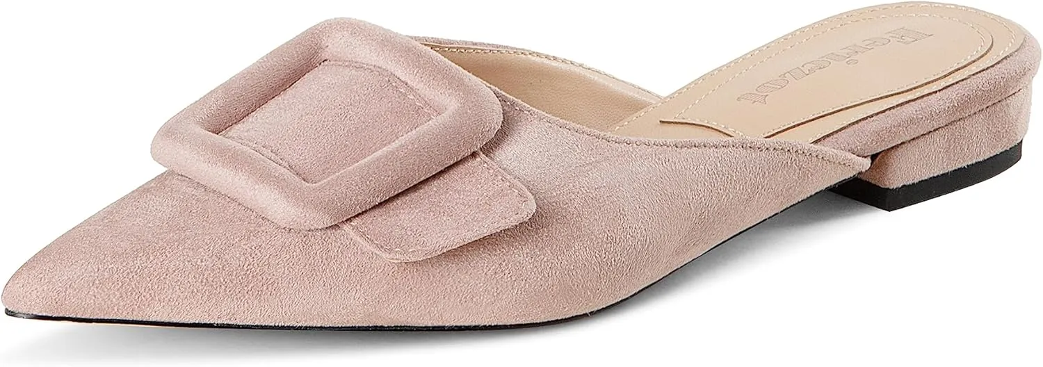 Fericzot Mule Slippers for Women,Slingback Buckle Flat Pointed Toe Backless Mule Slides Suede Slip On Loafers