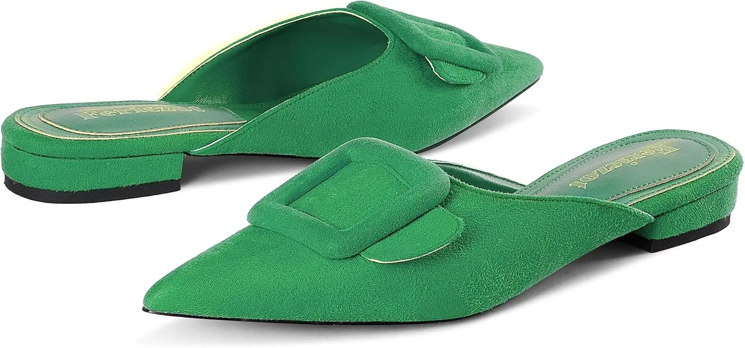 Fericzot Mule Slippers for Women,Slingback Buckle Flat Pointed Toe Backless Mule Slides Suede Slip On Loafers