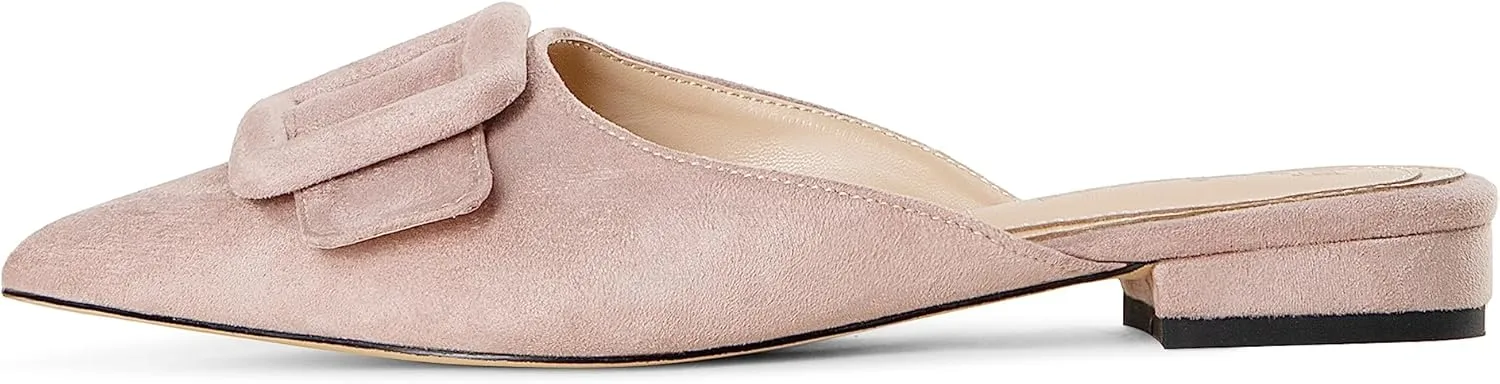 Fericzot Mule Slippers for Women,Slingback Buckle Flat Pointed Toe Backless Mule Slides Suede Slip On Loafers