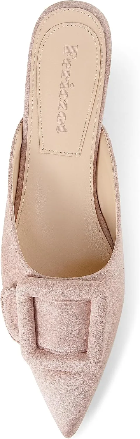 Fericzot Mule Slippers for Women,Slingback Buckle Flat Pointed Toe Backless Mule Slides Suede Slip On Loafers