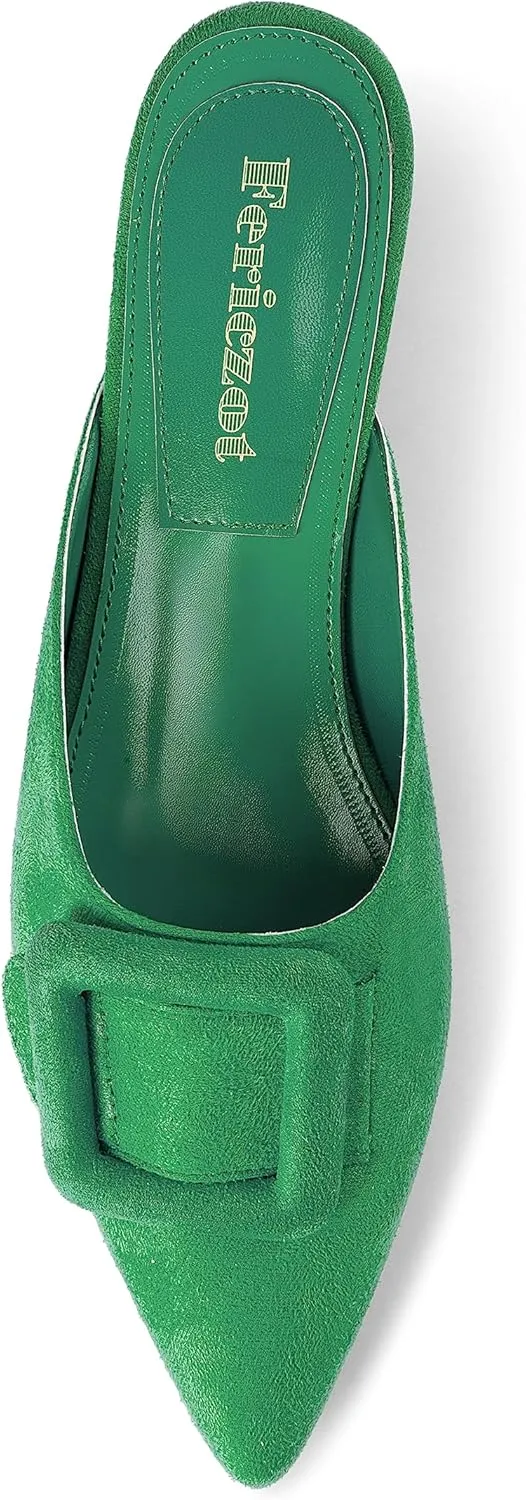 Fericzot Mule Slippers for Women,Slingback Buckle Flat Pointed Toe Backless Mule Slides Suede Slip On Loafers