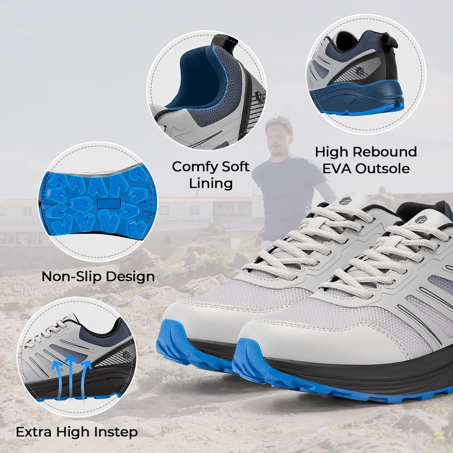 FitVille Extra Wide Mens Running Shoes Orthopedic Sneakers for Plantar Fasciitis Lightweight Men's Trail Running Shoes for Diabetic Men Wide Toe Box Shoes for Flat Feet Heel Pain Relief