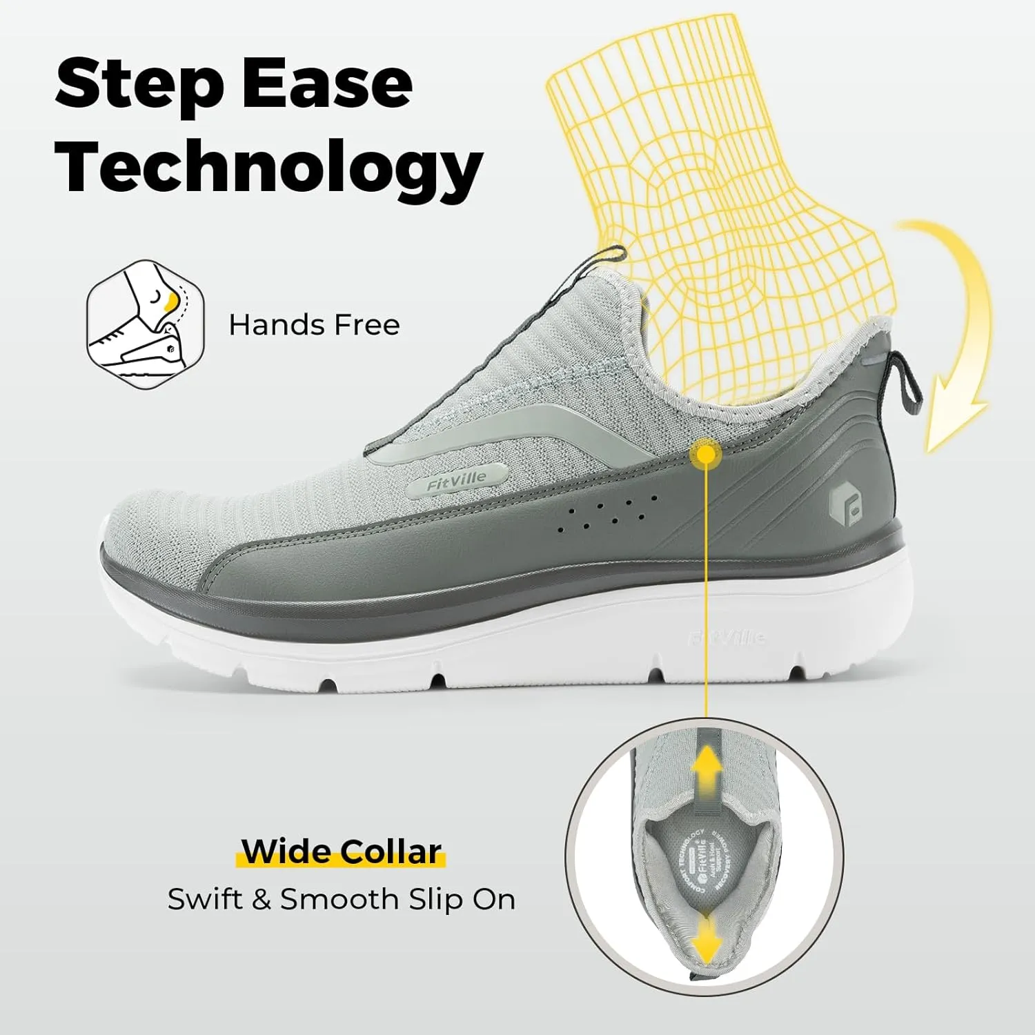 FitVille Men's Extra Wide Slip on Walking Shoes with Arch Support Men Slip on Sneakers for Foot Pain Relief-Stepease V2