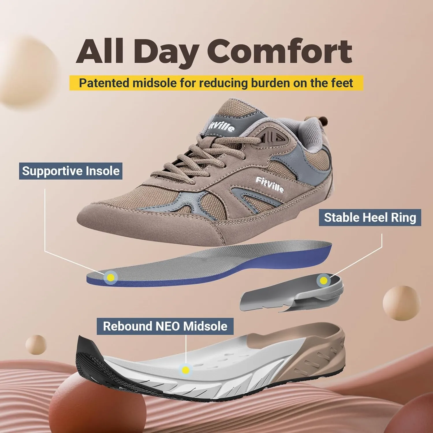 FitVille Wide Walking Shoes for Men Extra Wide Width Sneakers with Arch Support for Flat Feet Heel Pain Relief Plantar Fasciitis - Rebound NEO V1