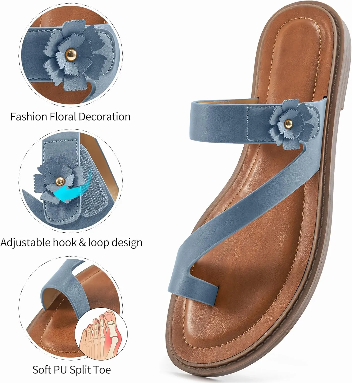 Flat Sandals for Women Dressy: Comfortable Summer Beach Sandal Adjustable Hook loop Slip on Toe Ring Walking Shoes for Travel Office