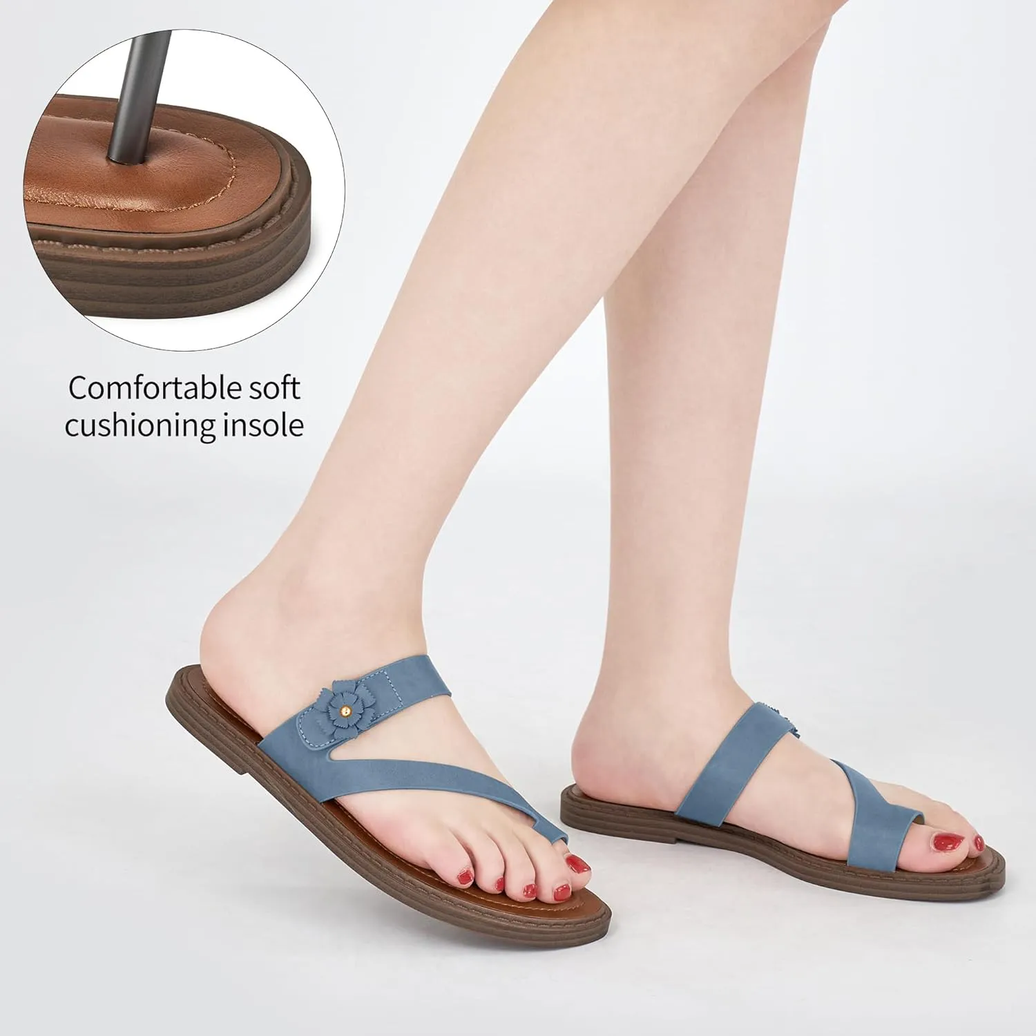 Flat Sandals for Women Dressy: Comfortable Summer Beach Sandal Adjustable Hook loop Slip on Toe Ring Walking Shoes for Travel Office