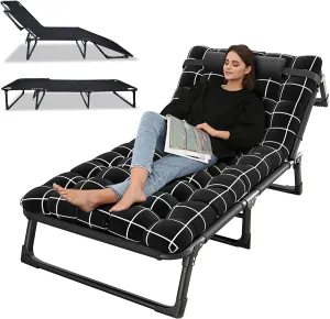 Folding Camping Cot, 75" x 30" Adjustable 4-Position Reclining Folding Chaise with Pillow, Outdoor Sleeping Cot Bed for Office/Pool/Beach/Patio/Lawn Black
