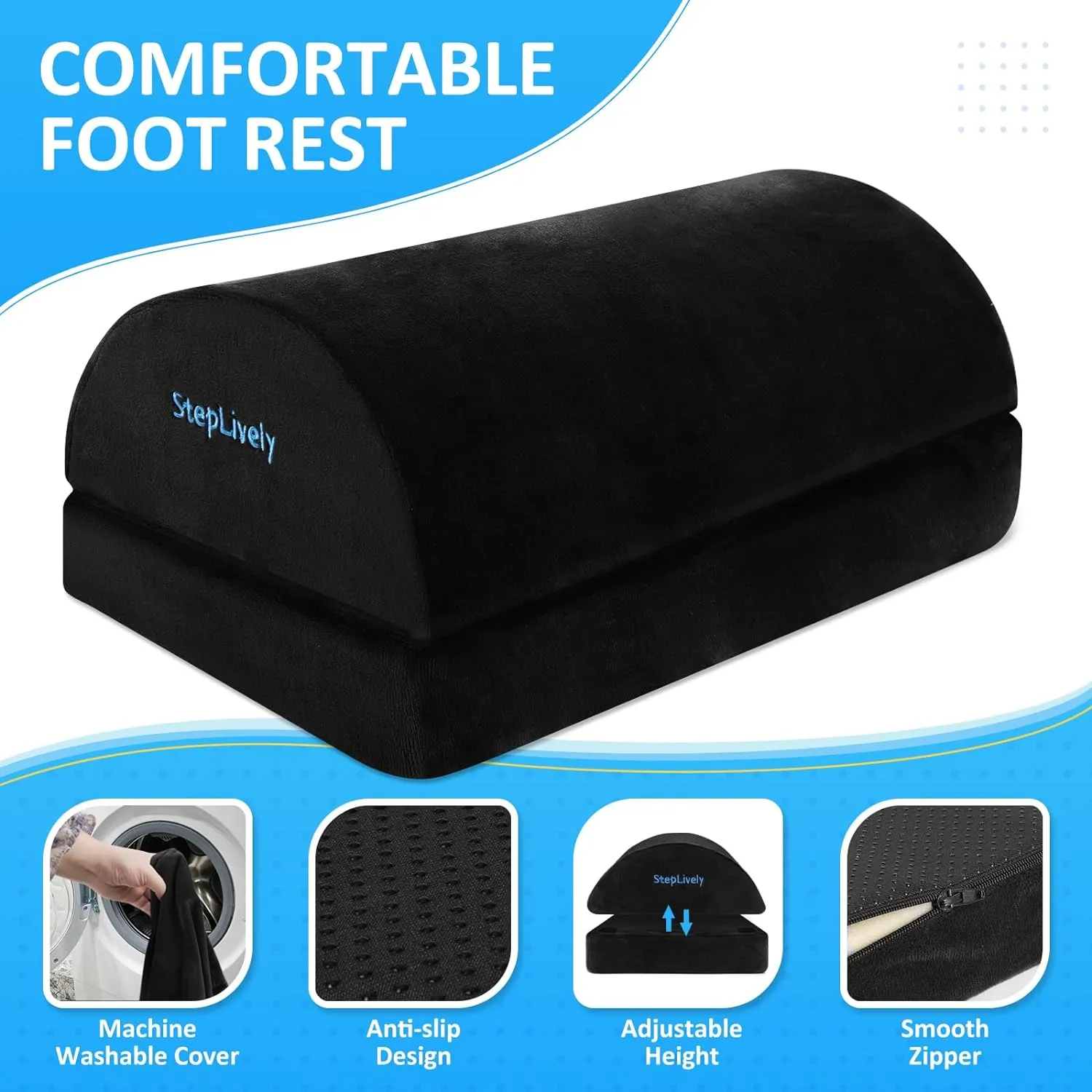 Foot Rest for Under Desk at Work, Comfortable Foot Stool with 2 Adjustable Heights, Footrest with Washable Cover, for Back & Hip Pain Relief, Suitable for Office, Home and Car (Black)