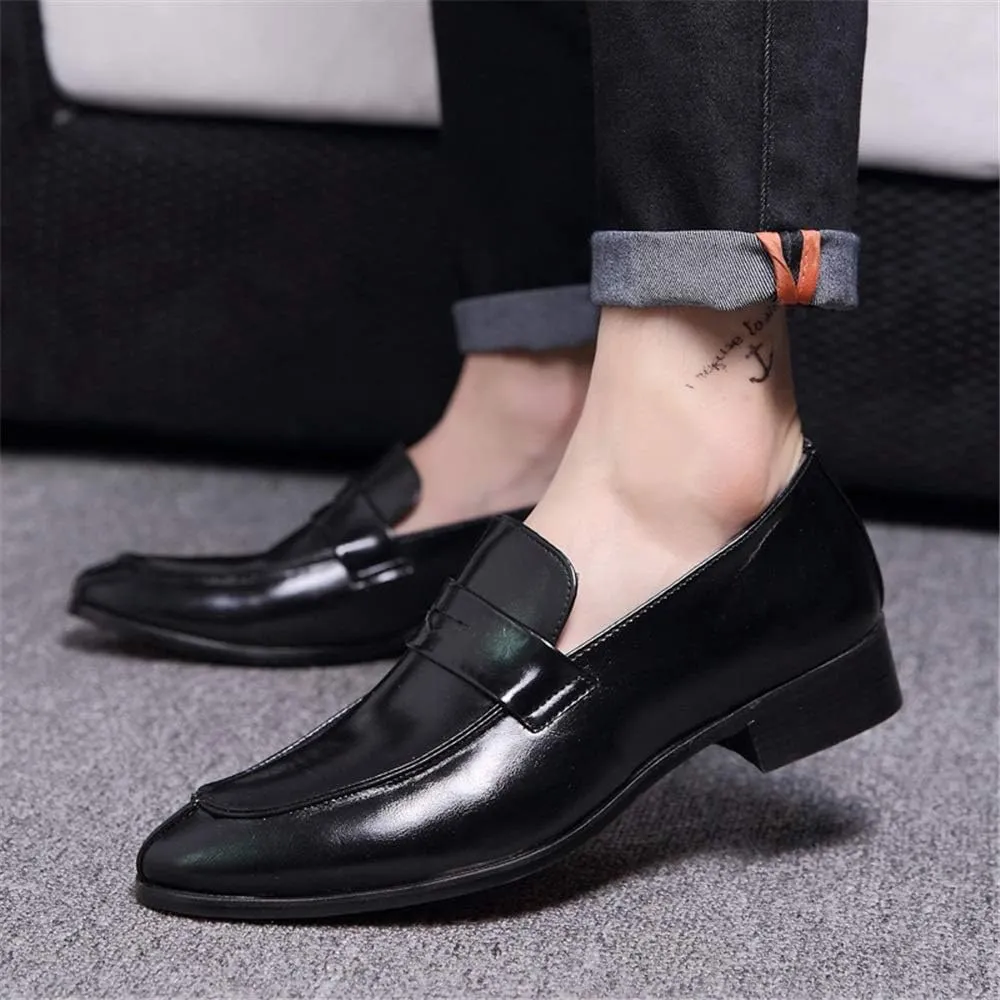 Formal Oxford Shoes for Men Slip On Round Split Toe Cowhide Block Heel Anti-Slip Low Top Non Slip Walking