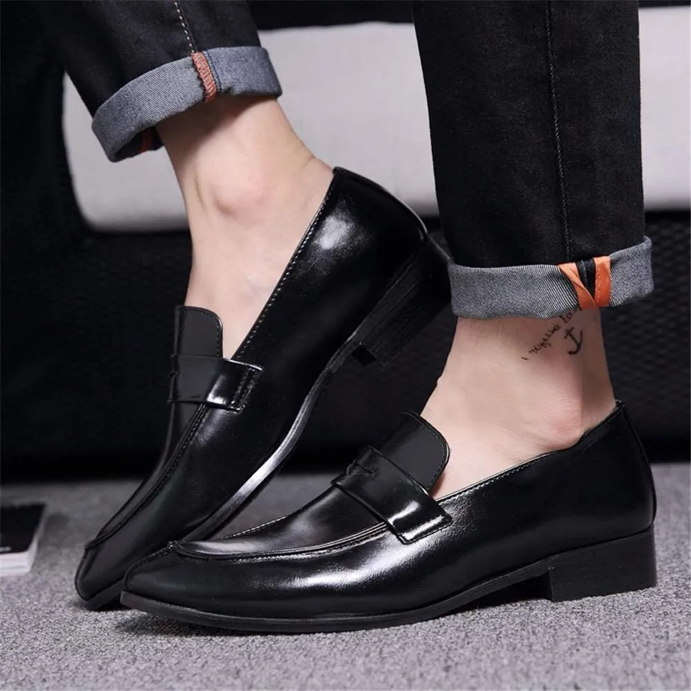 Formal Oxford Shoes for Men Slip On Round Split Toe Cowhide Block Heel Anti-Slip Low Top Non Slip Walking