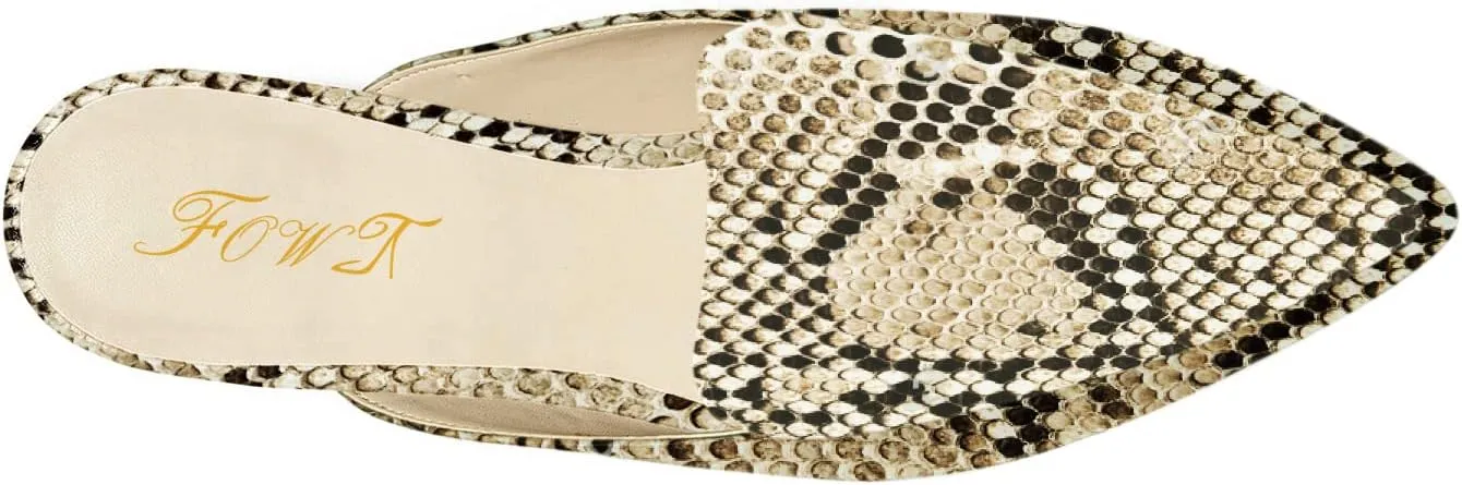FOWT V-Shaped Snakeskin Embossed Backless Mules Women Pointed Toe Low Chunky Heel Sandals Ladies Slip on Side Unisex Shoes for Office Dress Party 4-16 US Size