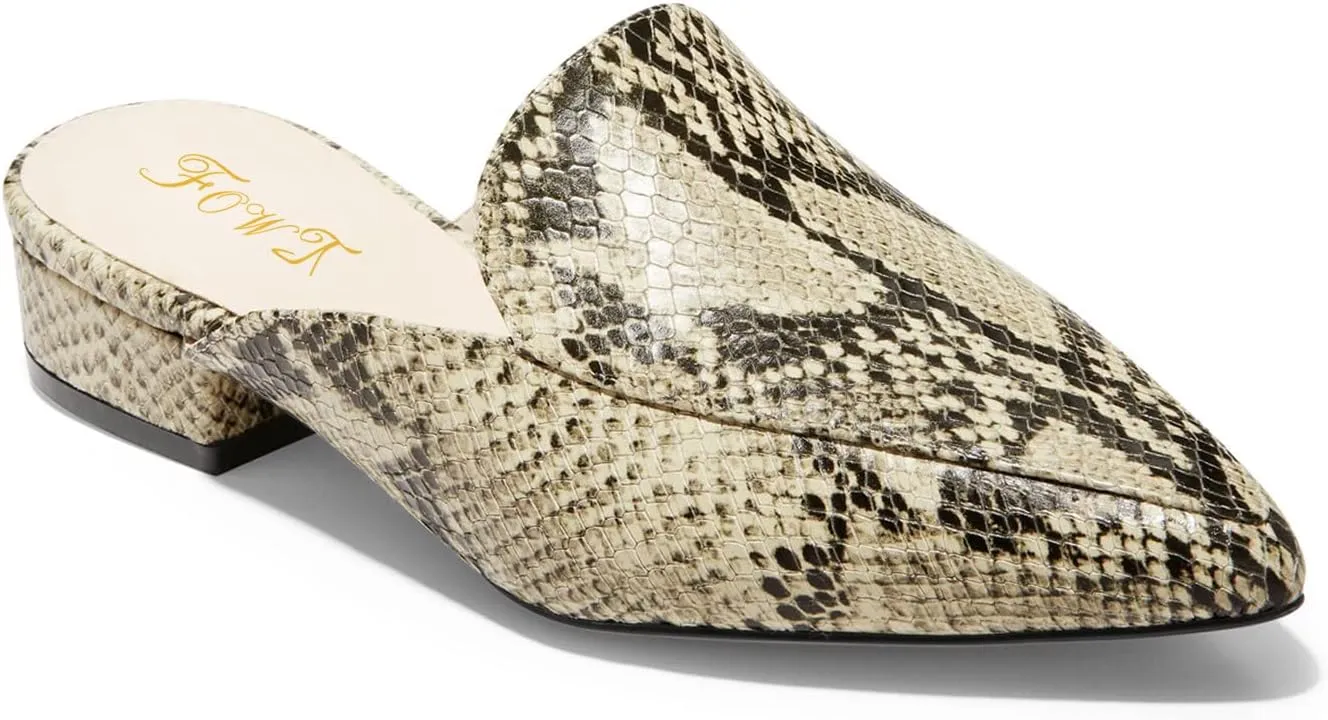 FOWT V-Shaped Snakeskin Embossed Backless Mules Women Pointed Toe Low Chunky Heel Sandals Ladies Slip on Side Unisex Shoes for Office Dress Party 4-16 US Size