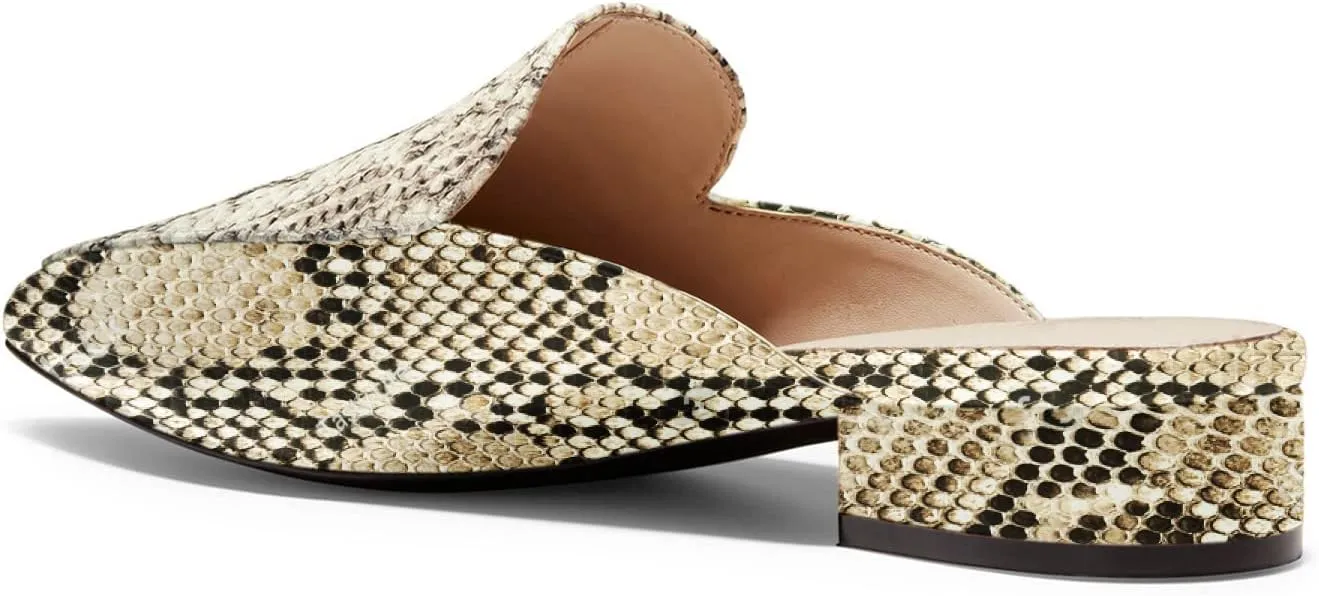 FOWT V-Shaped Snakeskin Embossed Backless Mules Women Pointed Toe Low Chunky Heel Sandals Ladies Slip on Side Unisex Shoes for Office Dress Party 4-16 US Size