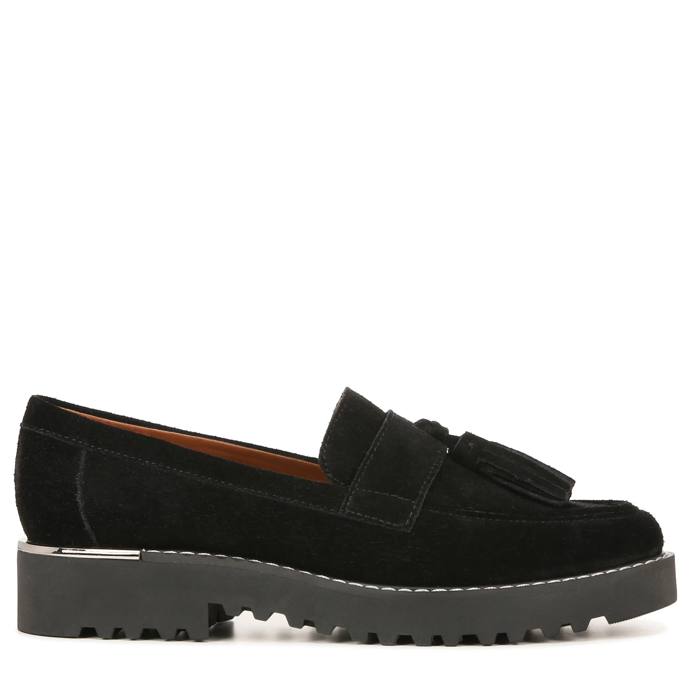 Franco Sarto Womens Carolynn Lug Sole Loafer with Tassel Detail , Black Suede, 8.5 M