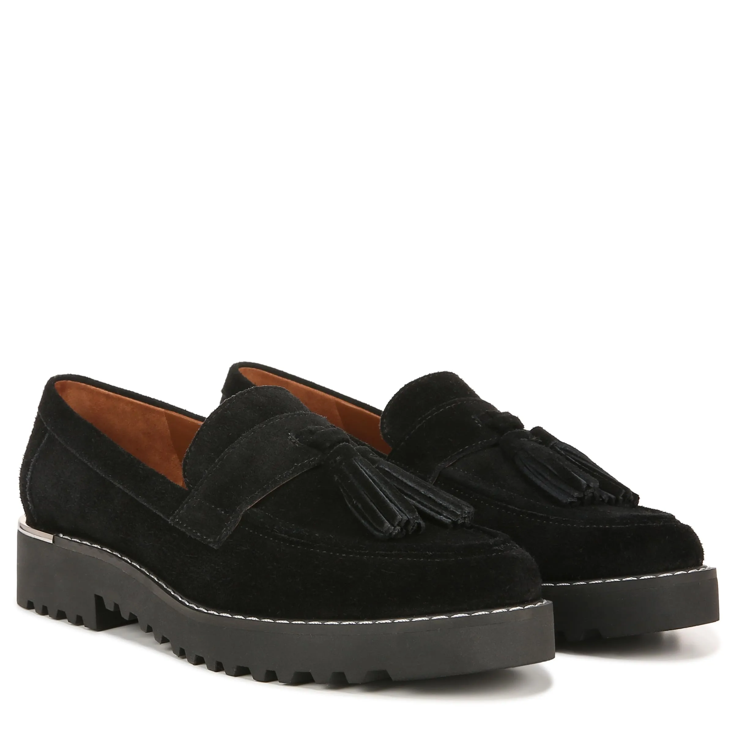 Franco Sarto Womens Carolynn Lug Sole Loafer with Tassel Detail , Black Suede, 8.5 M