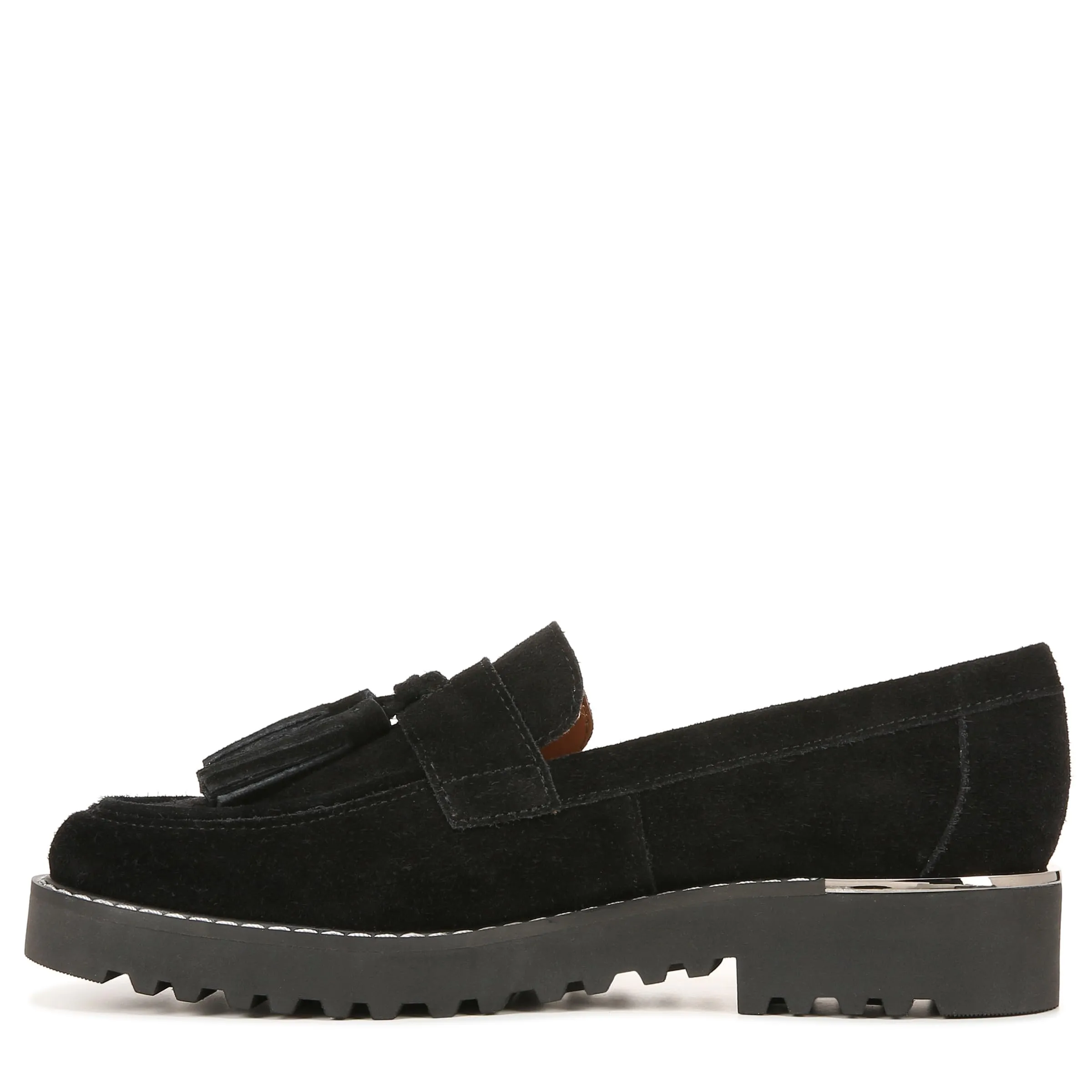 Franco Sarto Womens Carolynn Lug Sole Loafer with Tassel Detail , Black Suede, 8.5 M