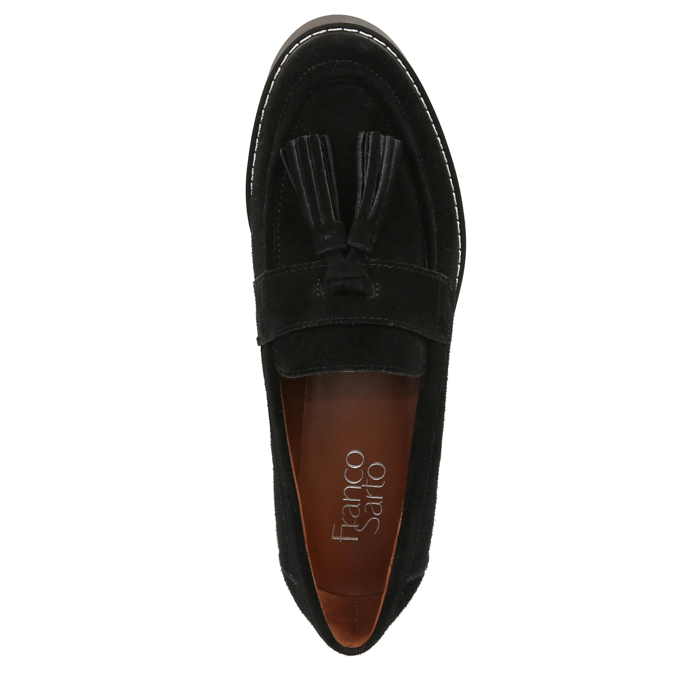Franco Sarto Womens Carolynn Lug Sole Loafer with Tassel Detail , Black Suede, 8.5 M