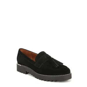 Franco Sarto Womens Carolynn Lug Sole Loafer with Tassel Detail , Black Suede, 8.5 M