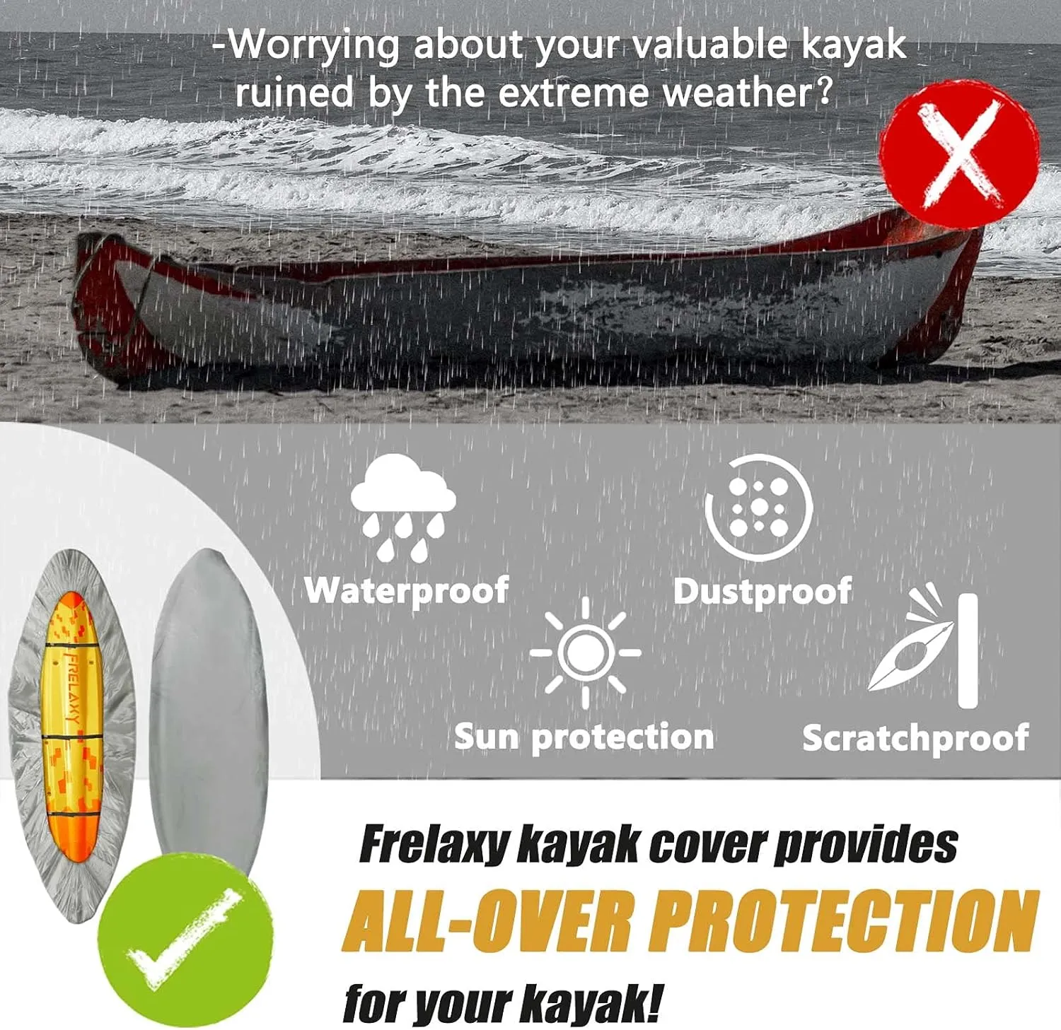 Frelaxy 420D Kayak Cover, Heavy Duty Waterproof UV Resistant Kayak Covers for Outdoor Storage, Ultra Strong Canoe Storage Dust Cover, Great for Indoor & Outdoor 9.8-13.5ft