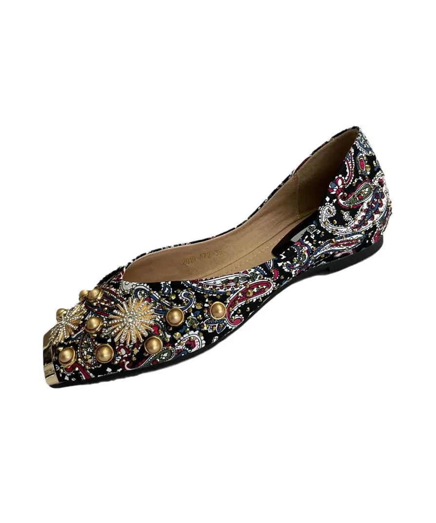 French Splicing Flat Feet Shoes Black Nail Bead Zircon