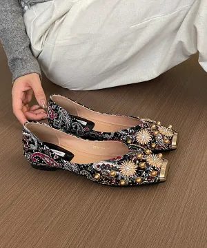 French Splicing Flat Feet Shoes Black Nail Bead Zircon