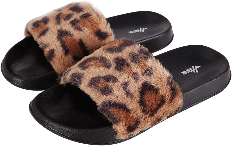 FUNKYMONKEY Women's Slides Faux Fur Cute Fuzzy Slippers Comfort Flat Sandals