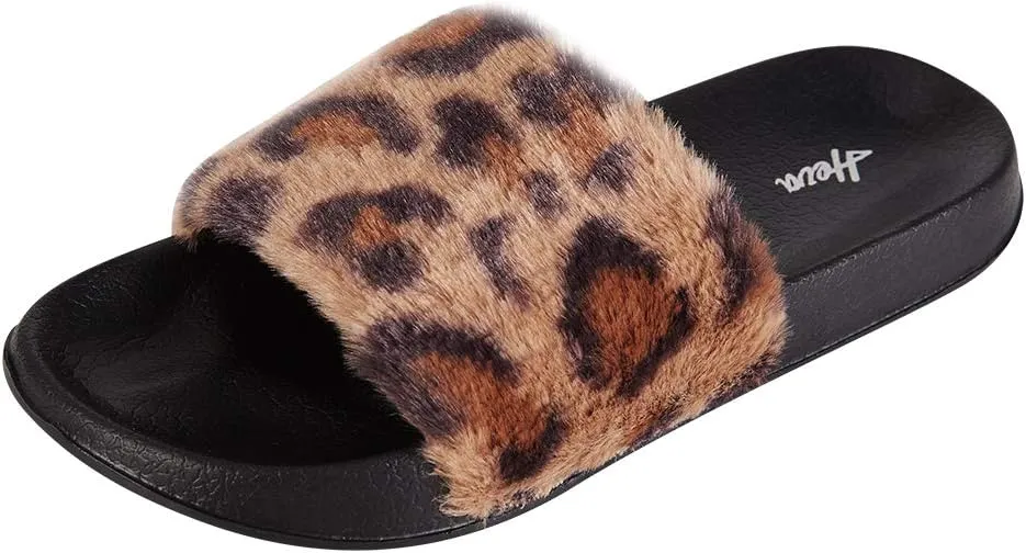 FUNKYMONKEY Women's Slides Faux Fur Cute Fuzzy Slippers Comfort Flat Sandals
