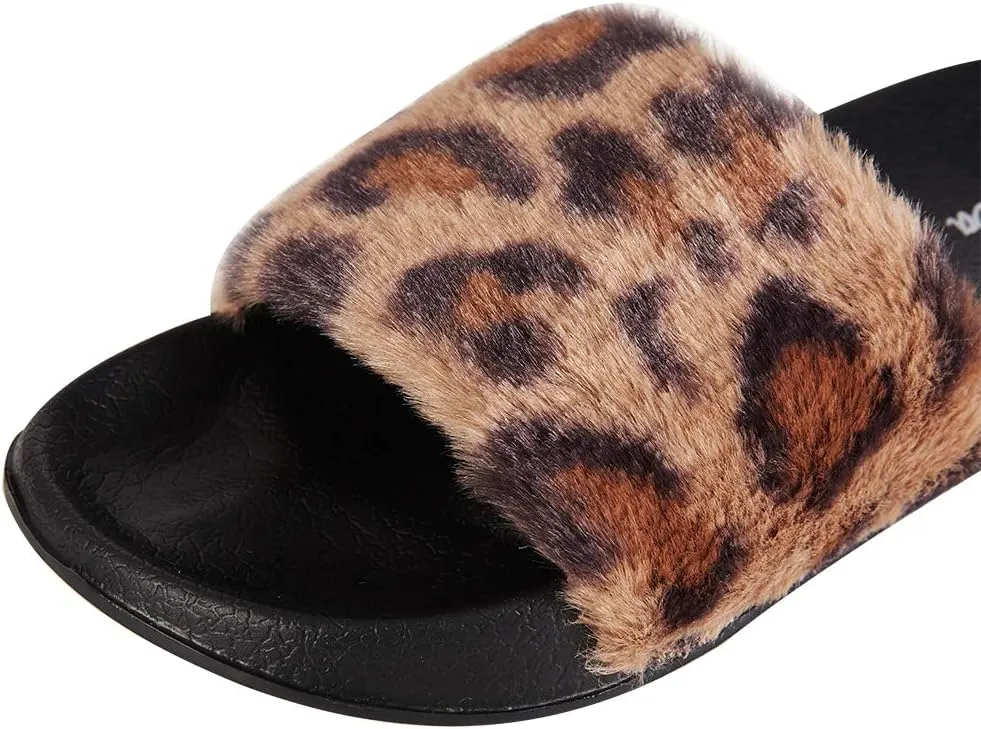 FUNKYMONKEY Women's Slides Faux Fur Cute Fuzzy Slippers Comfort Flat Sandals