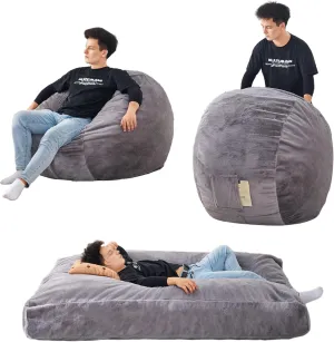 Giant Bean Bag Chair Bed with High-Density Foam Filling, Convertible from Chair to Floor Mattress, Large Size, Gray