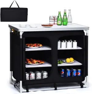 Giantex Camping Cook Table Kitchen Station with Storage Organizer and Carrying Bag, for BBQ Party Picnics Backyards and Tailgating, Portable Outdoor Aluminum Cooking BBQ Table (Black)