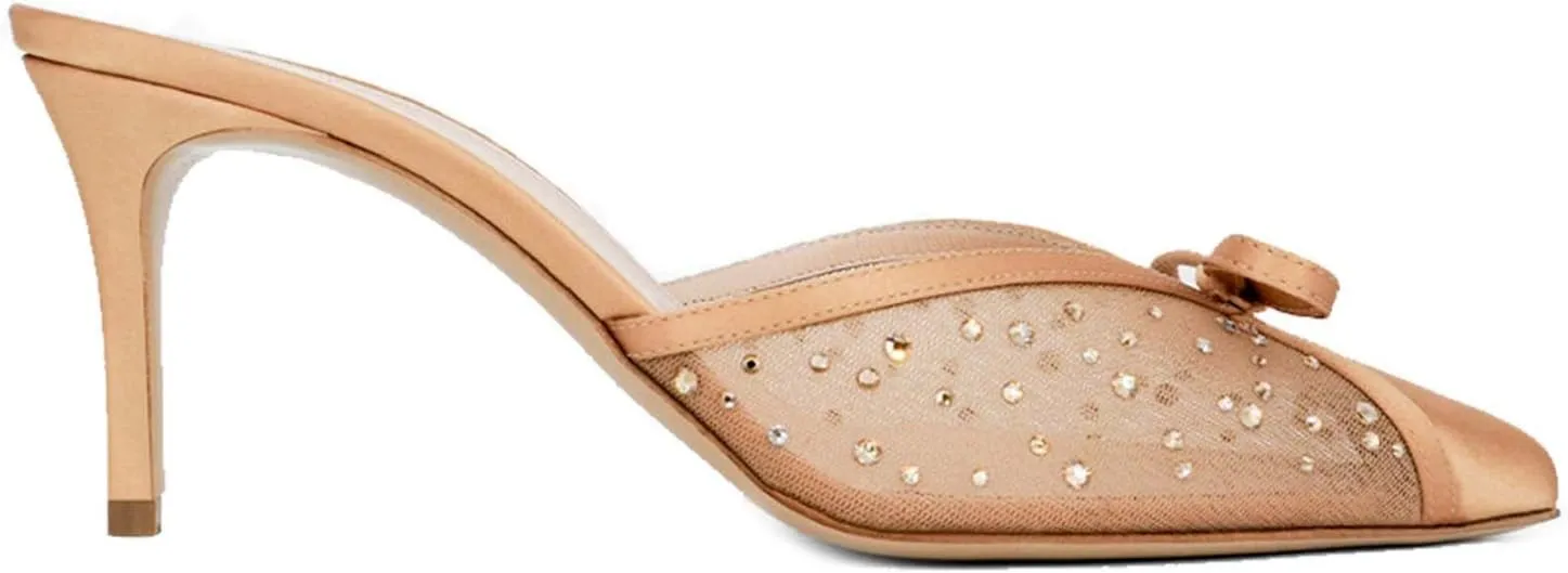 Goolita Bow Crystal Mesh Mule Heels For Women, Closed Pointed Toe Stiletto Slingback Heels Backless Slip On Party Dress Pump Shoes