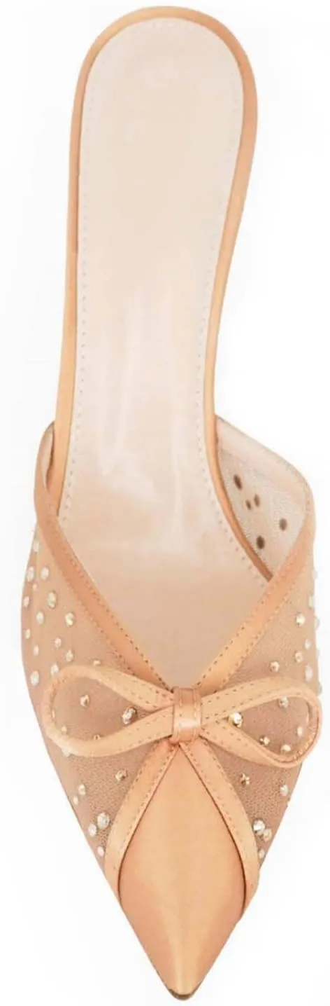 Goolita Bow Crystal Mesh Mule Heels For Women, Closed Pointed Toe Stiletto Slingback Heels Backless Slip On Party Dress Pump Shoes