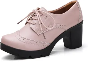 GORBINETI Women Oxfords Brogue Round Toe Pumps Vintage Platform Chunky Mid Heel Lace Up Dress Pump Shoes