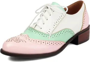 GORBINETI Women's Perforated Lace up Business Oxford Wingtip Round Toe Multicolor Leather Flat Oxford Retro Brogues Dress Shoes