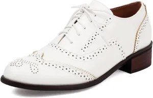 GORBINETI Women's Perforated Lace up Business Oxford Wingtip Round Toe Multicolor Leather Flat Oxford Retro Brogues Dress Shoes