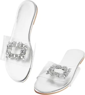 GORGLITTER Women's Rhinestone Clear Flat Sandals Dressy Cute Sparkly Summer Vacation Slide Shoes