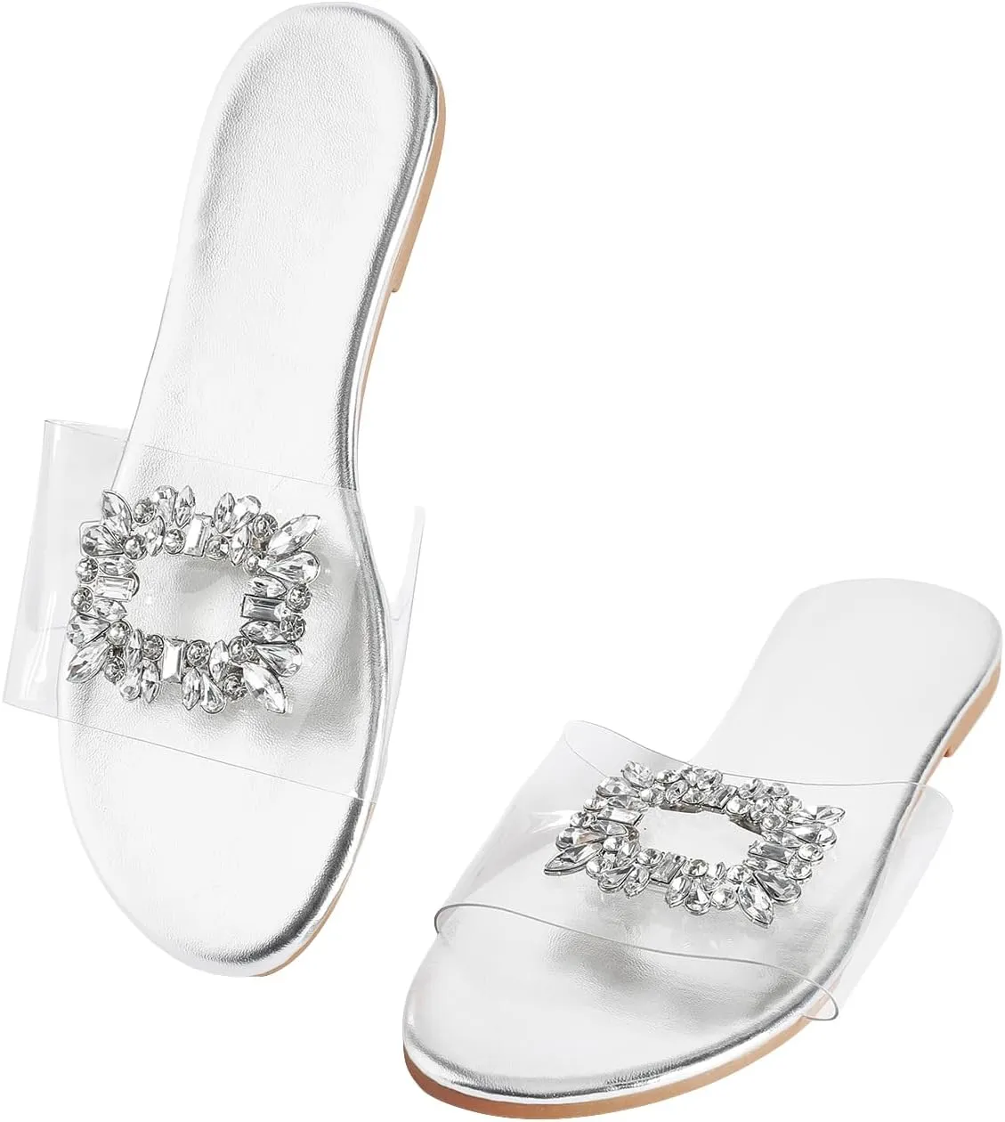GORGLITTER Women's Rhinestone Clear Flat Sandals Dressy Cute Sparkly Summer Vacation Slide Shoes