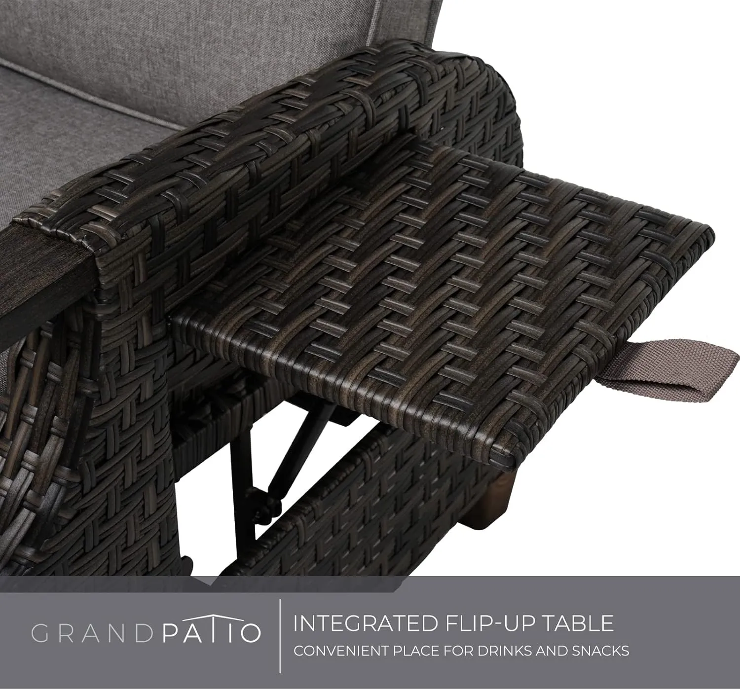 Grand patio Outdoor Recliner Air Pump 150° Lay Flat Reclining Chair with Independent Adjustable Back and Footrest Removable Olefin Cushion Flip-Up Table Wicker Grey 2PCS