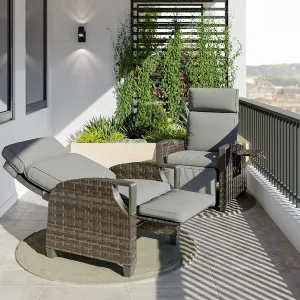 Grand patio Outdoor Recliner Air Pump 150° Lay Flat Reclining Chair with Independent Adjustable Back and Footrest Removable Olefin Cushion Flip-Up Table Wicker Grey 2PCS