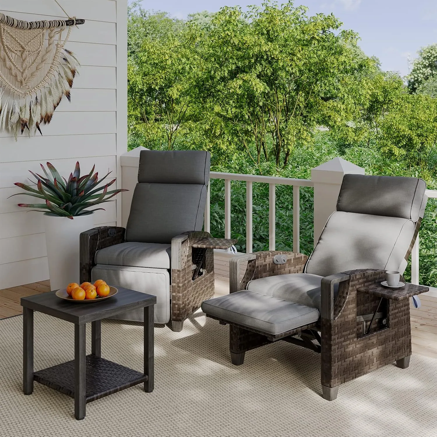 Grand patio Outdoor Recliner Air Pump 150° Lay Flat Reclining Chair with Independent Adjustable Back and Footrest Removable Olefin Cushion Flip-Up Table Wicker Grey 2PCS
