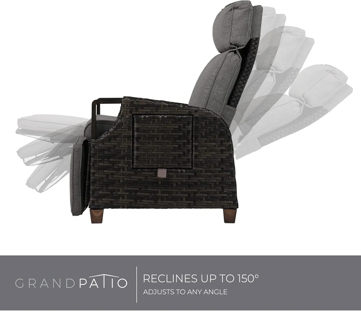 Grand patio Outdoor Recliner Air Pump 150° Lay Flat Reclining Chair with Independent Adjustable Back and Footrest Removable Olefin Cushion Flip-Up Table Wicker Grey 2PCS